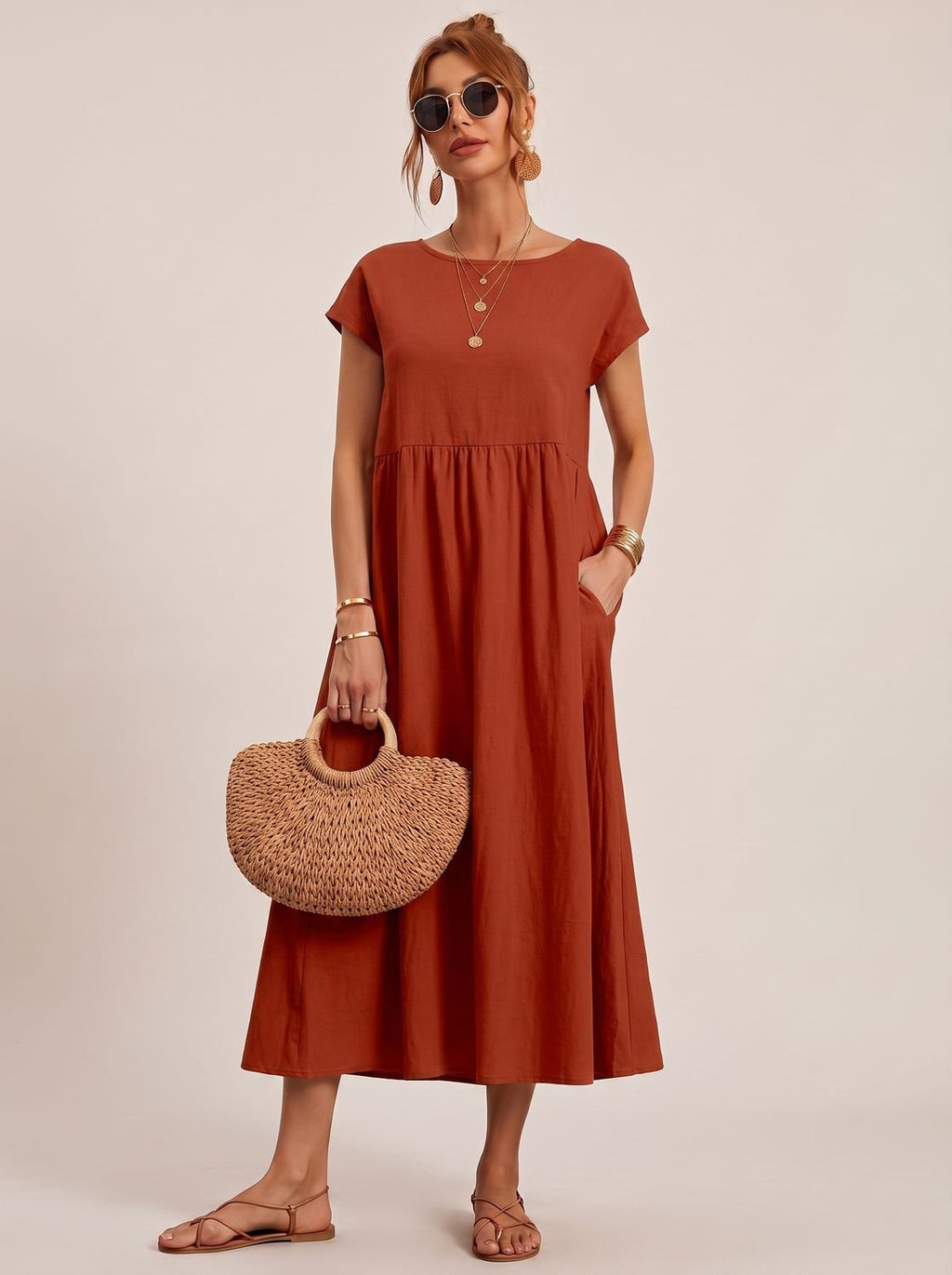 Sophia - Women's Short-Sleeve Round-Neck Flowy Midi Dress with Pockets