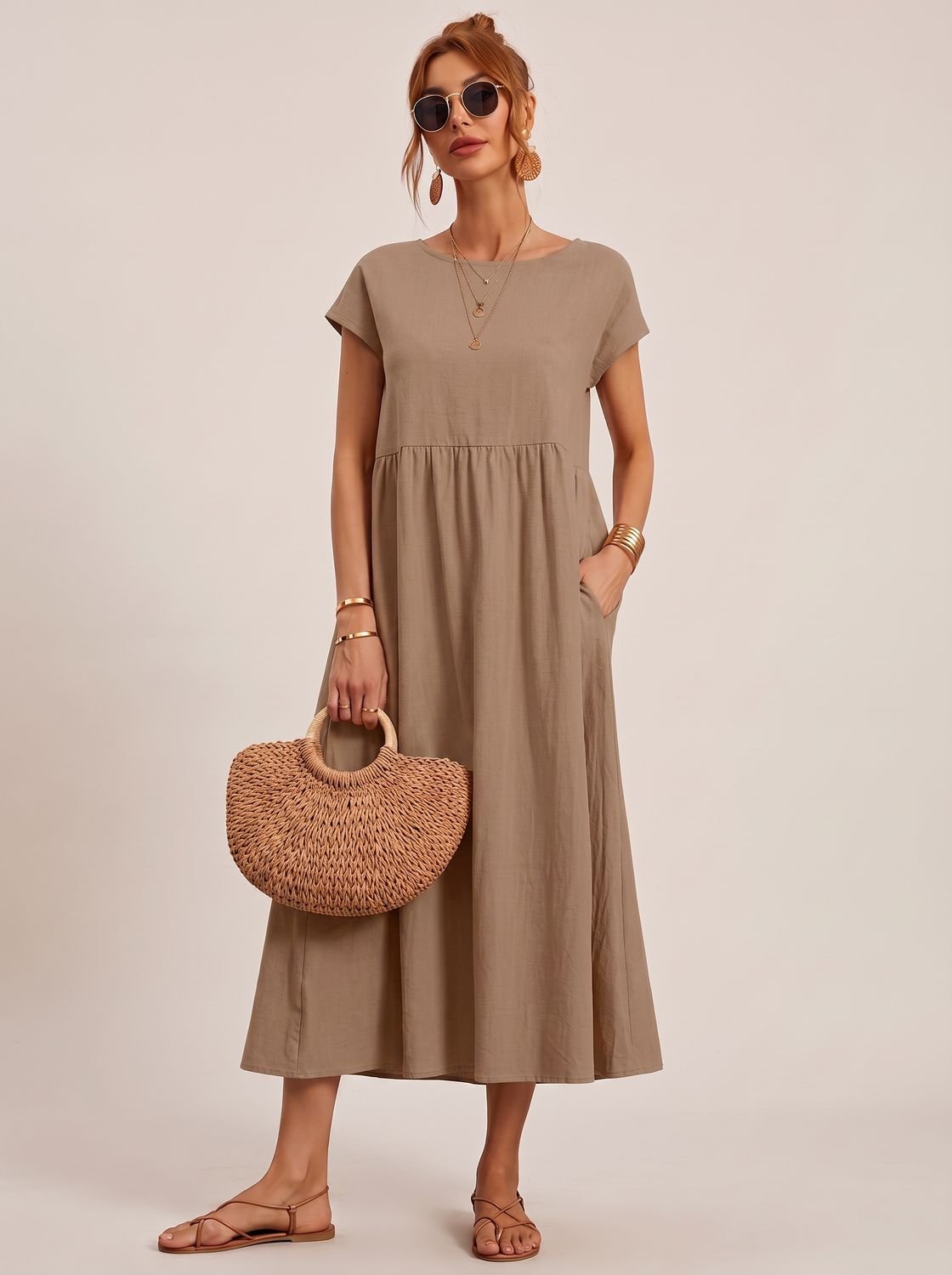 Sophia - Women's Short-Sleeve Round-Neck Flowy Midi Dress with Pockets