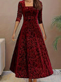 Luna - Women's Square Neck Velvet Floral Embossed Party Dress
