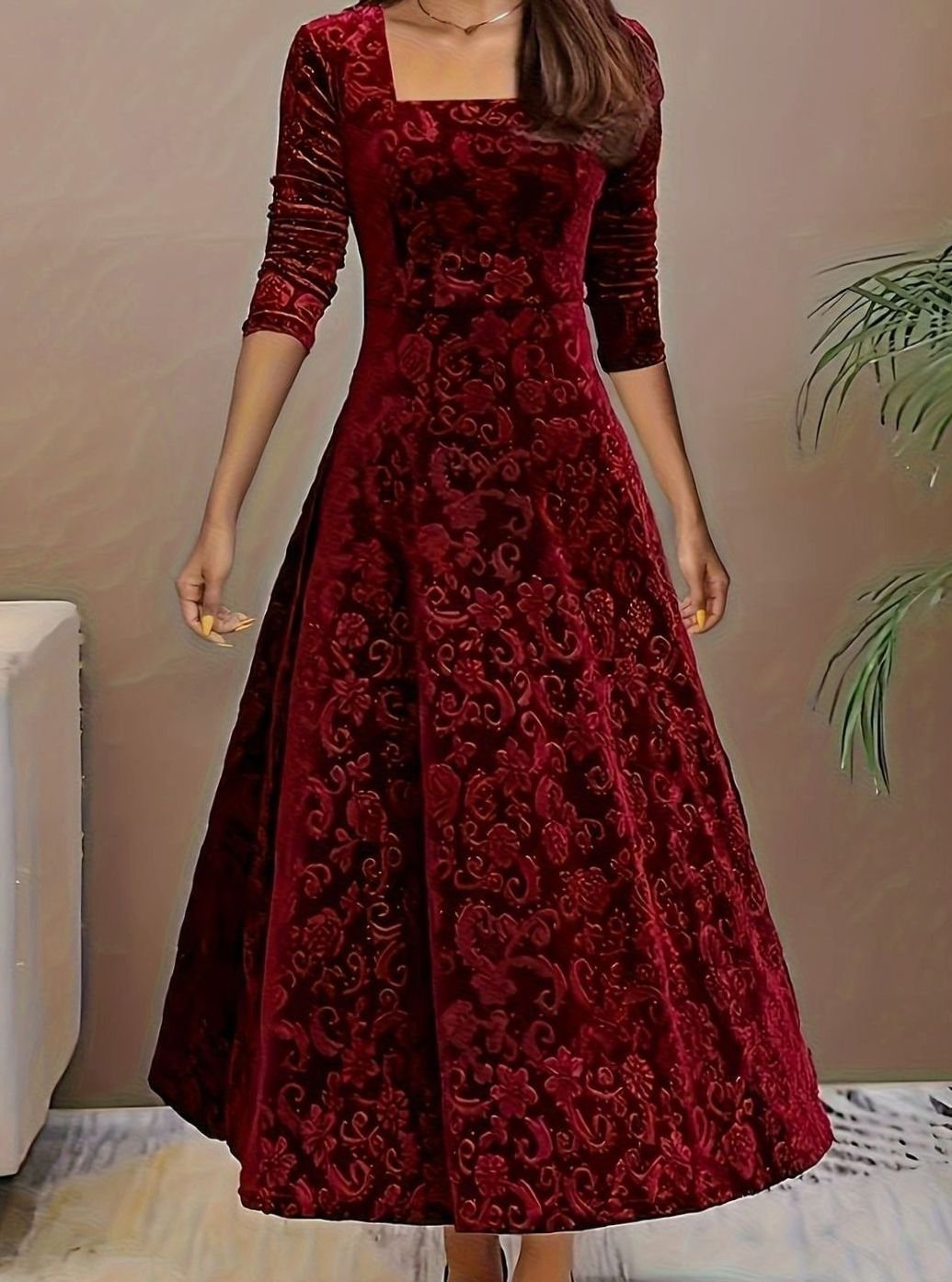 Luna - Women's Square Neck Velvet Floral Embossed Party Dress
