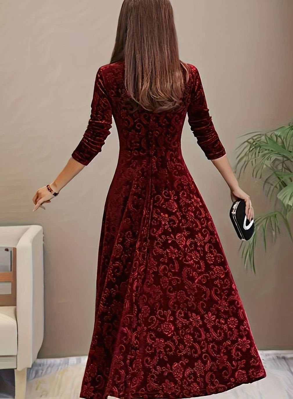 Luna - Women's Square Neck Velvet Floral Embossed Party Dress
