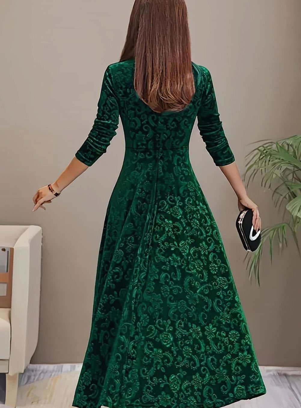 Luna - Women's Square Neck Velvet Floral Embossed Party Dress