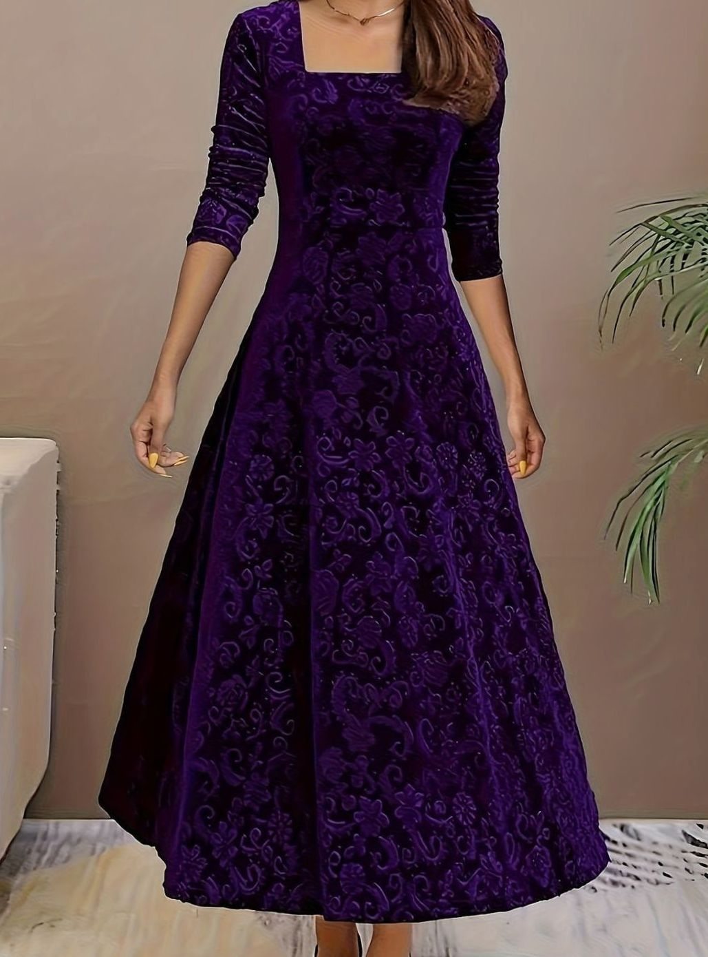 Luna - Women's Square Neck Velvet Floral Embossed Party Dress