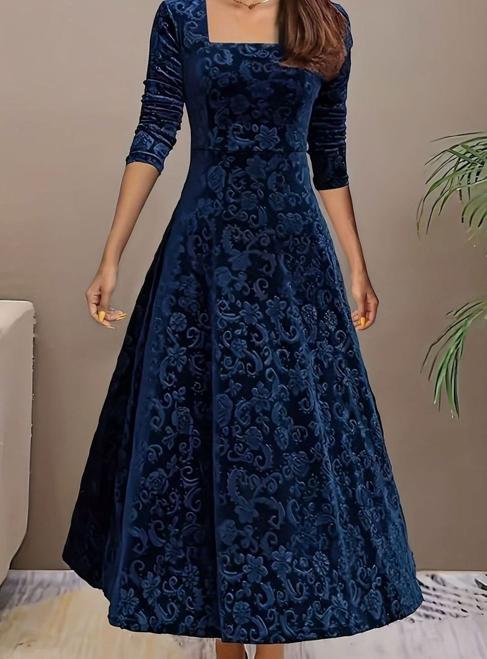 Luna - Women's Square Neck Velvet Floral Embossed Party Dress