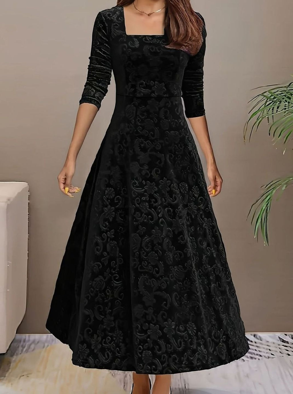 Luna - Women's Square Neck Velvet Floral Embossed Party Dress