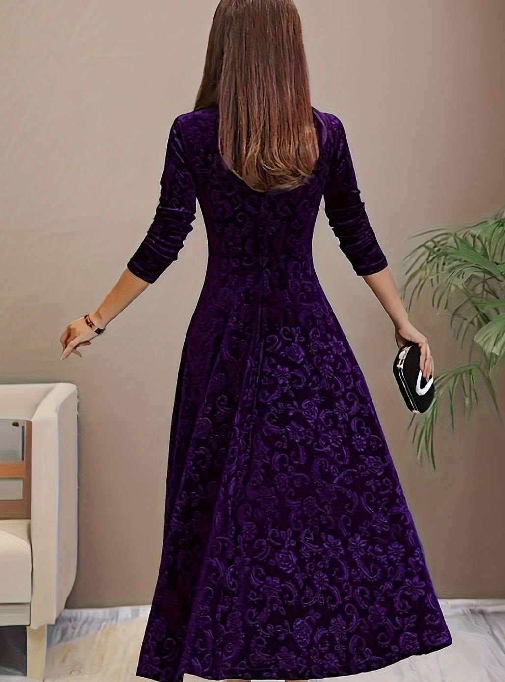 Luna - Women's Square Neck Velvet Floral Embossed Party Dress