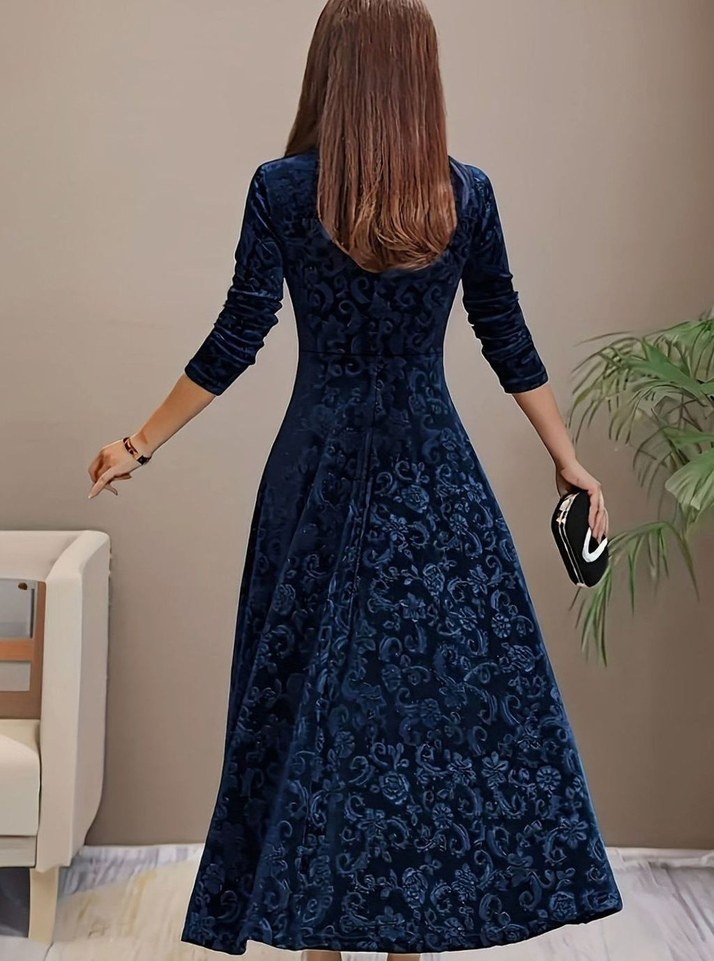 Luna - Women's Square Neck Velvet Floral Embossed Party Dress
