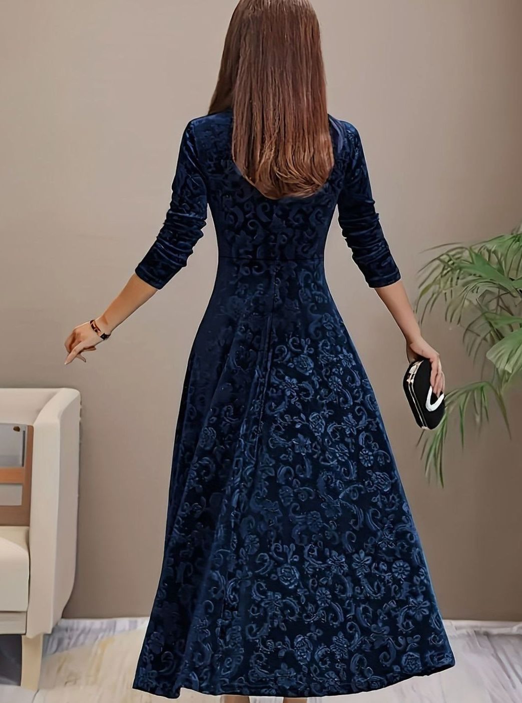 Luna - Women's Square Neck Velvet Floral Embossed Party Dress