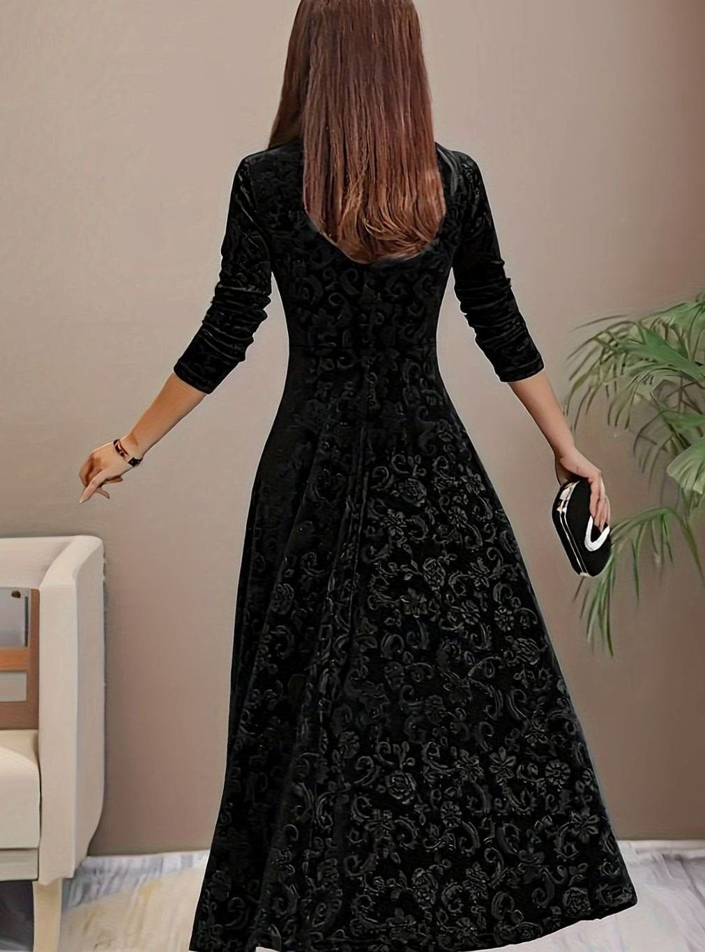 Luna - Women's Square Neck Velvet Floral Embossed Party Dress
