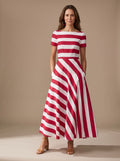 Camila - Women's Striped Short-Sleeve Boat-Neck Maxi Dress