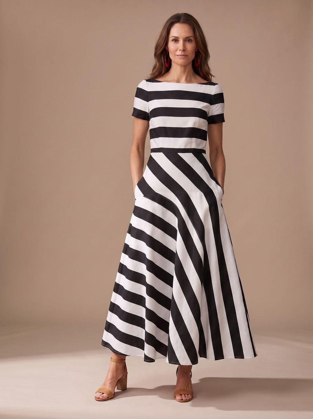 Camila - Women's Striped Short-Sleeve Boat-Neck Maxi Dress