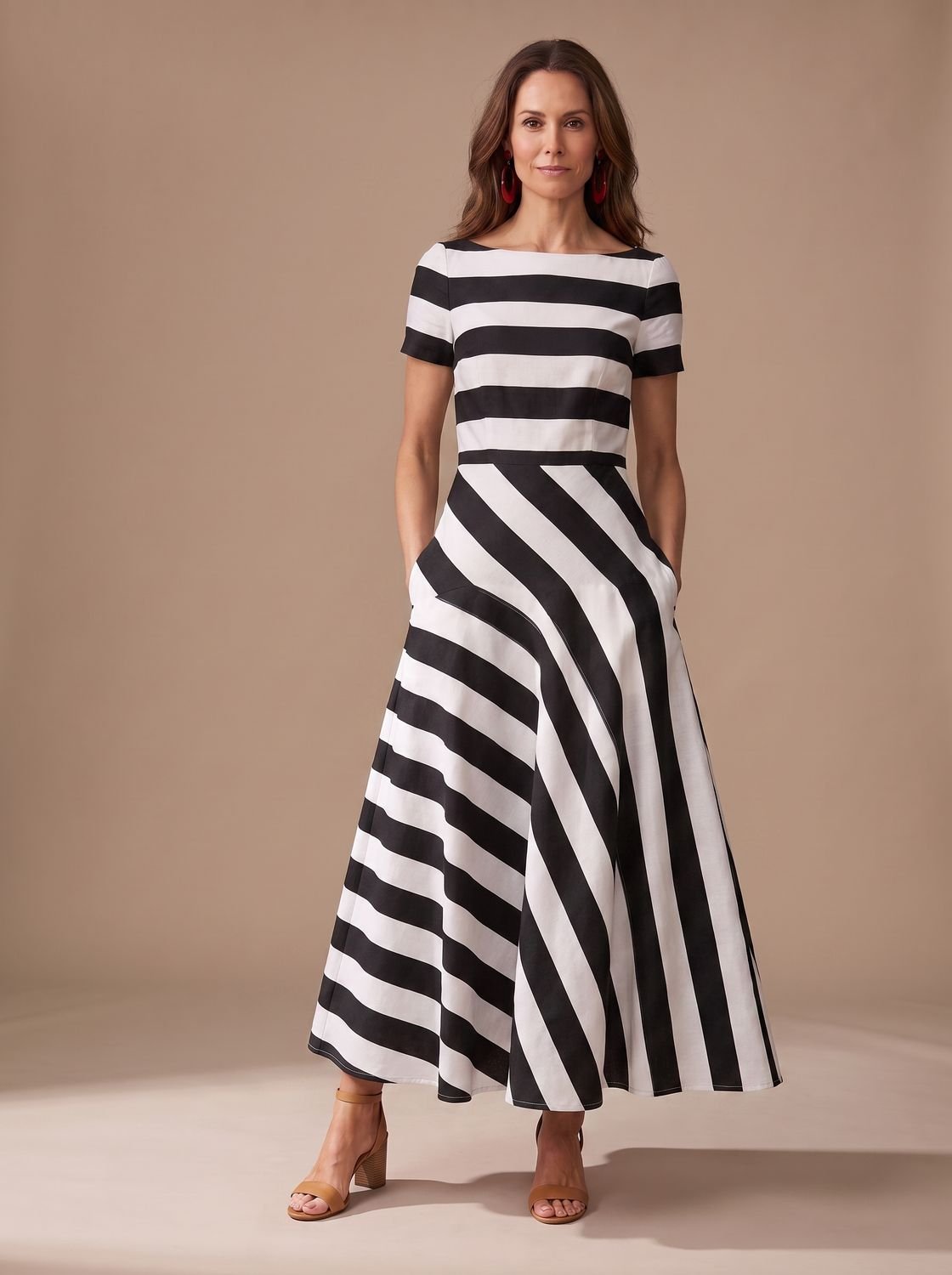 Camila - Women's Striped Short-Sleeve Boat-Neck Maxi Dress