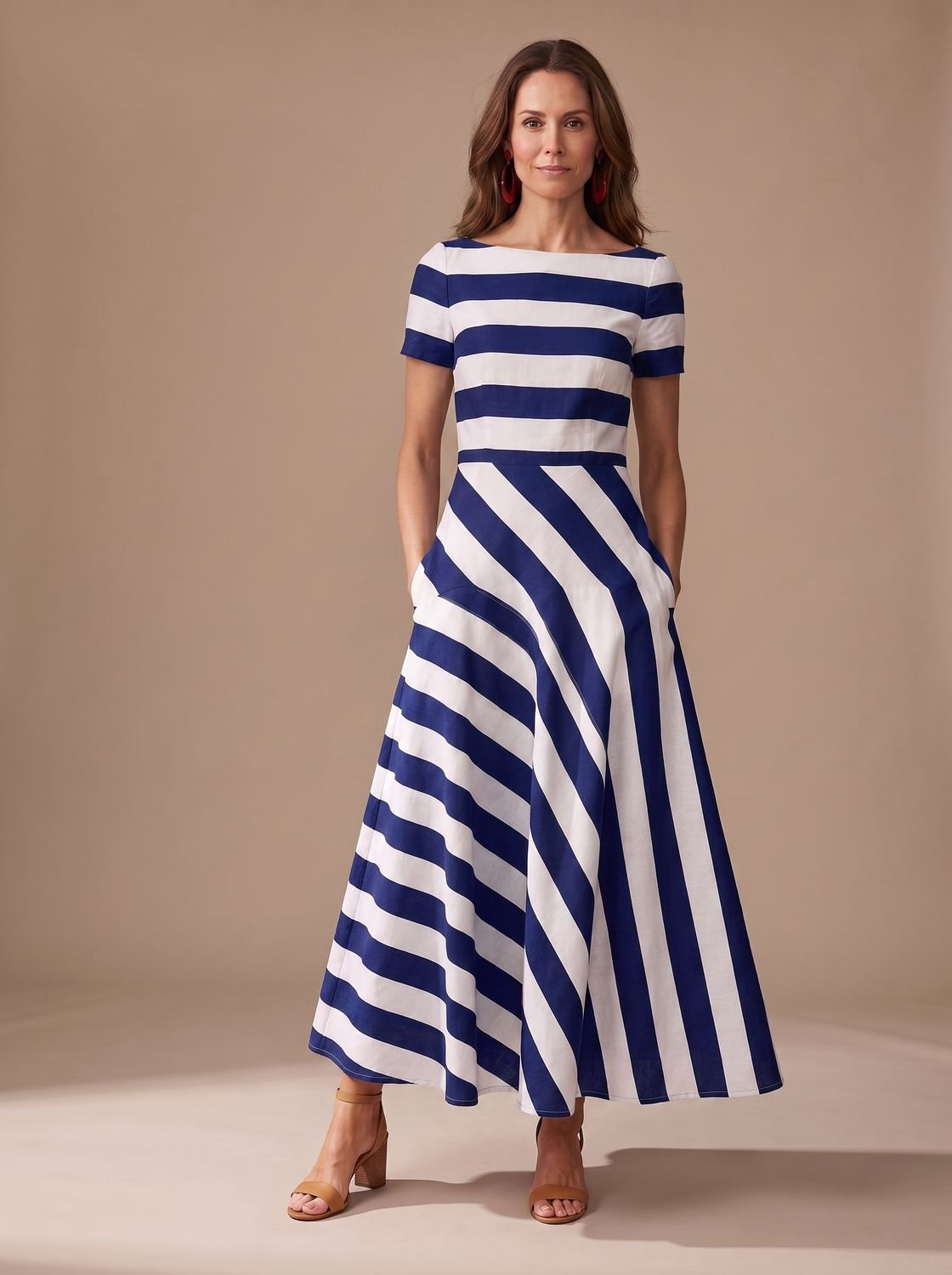 Camila - Women's Striped Short-Sleeve Boat-Neck Maxi Dress