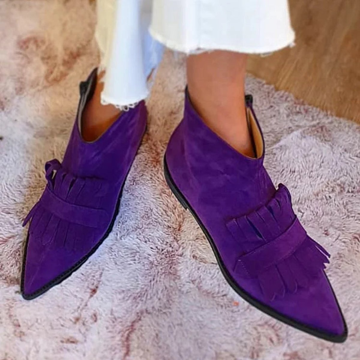 Penelope - Women's Suede Pointed-Toe Fringe Flat Ankle Boots