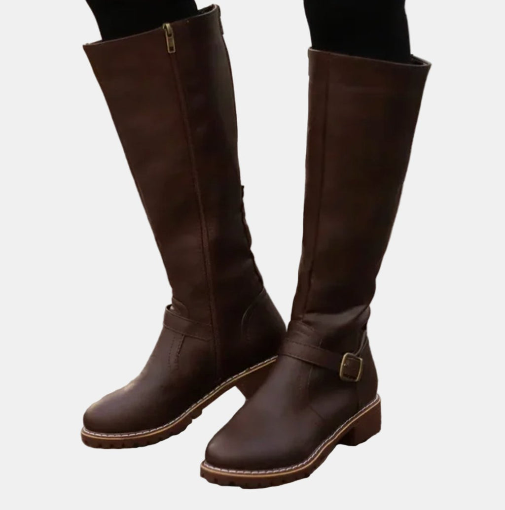 Charlotte - Women's Tall Riding Knee High Boots Buckle Strap Low Heel