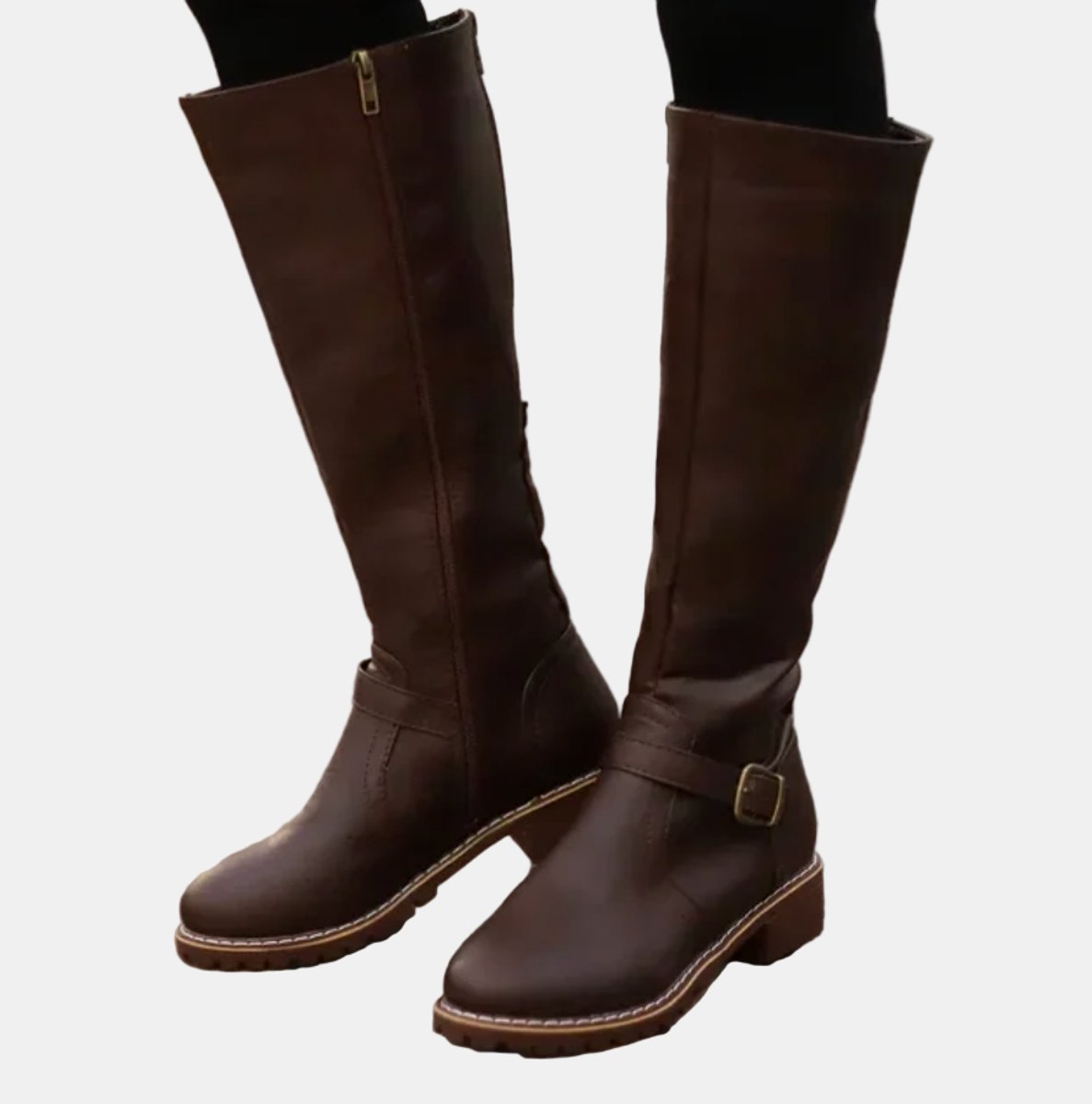Charlotte - Women's Tall Riding Knee High Boots Buckle Strap Low Heel