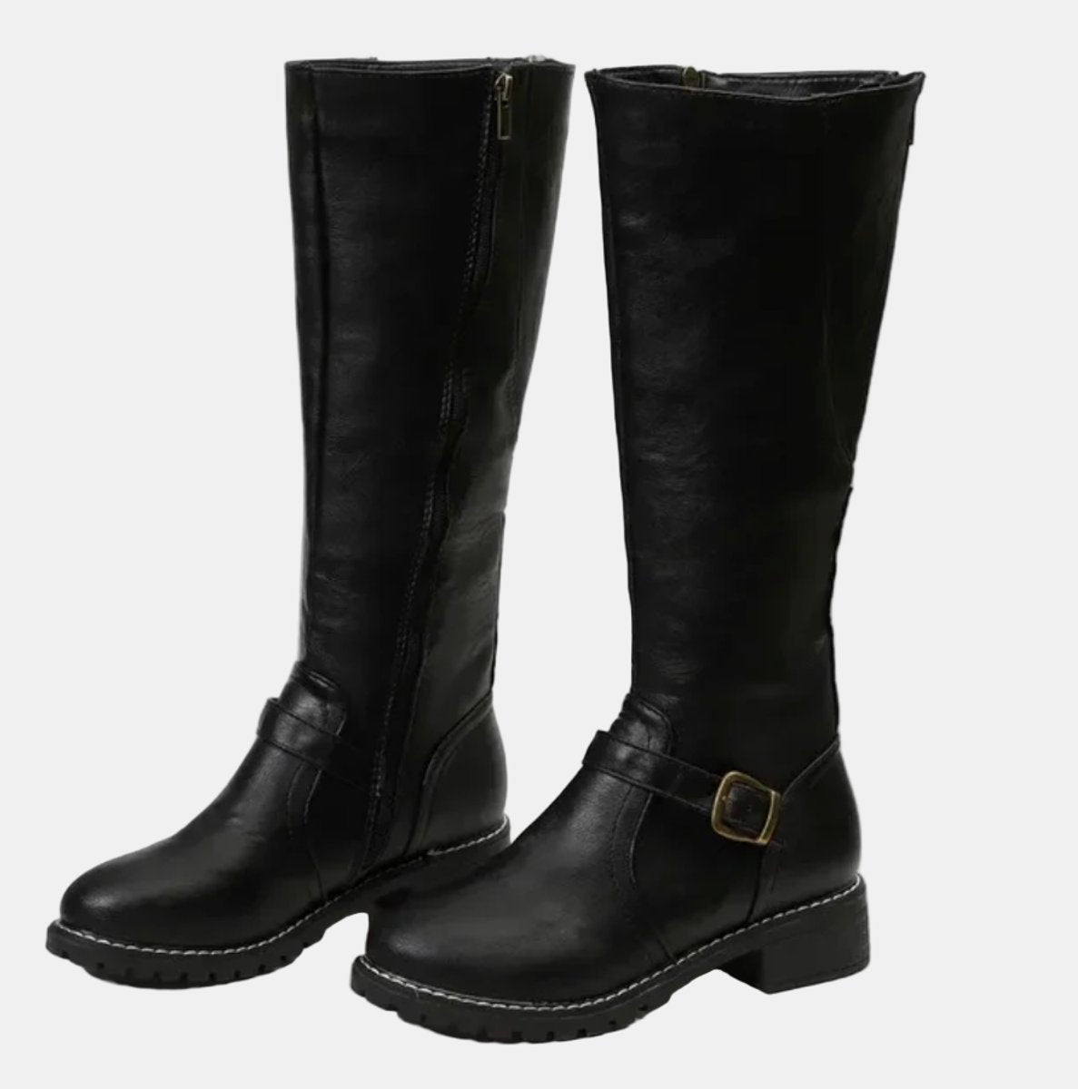 Charlotte - Women's Tall Riding Knee High Boots Buckle Strap Low Heel