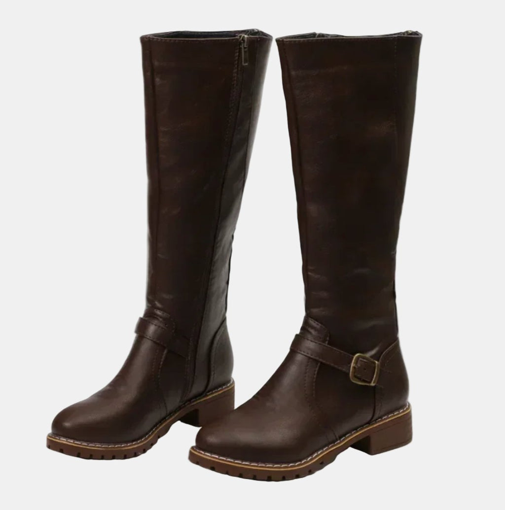 Charlotte - Women's Tall Riding Knee High Boots Buckle Strap Low Heel