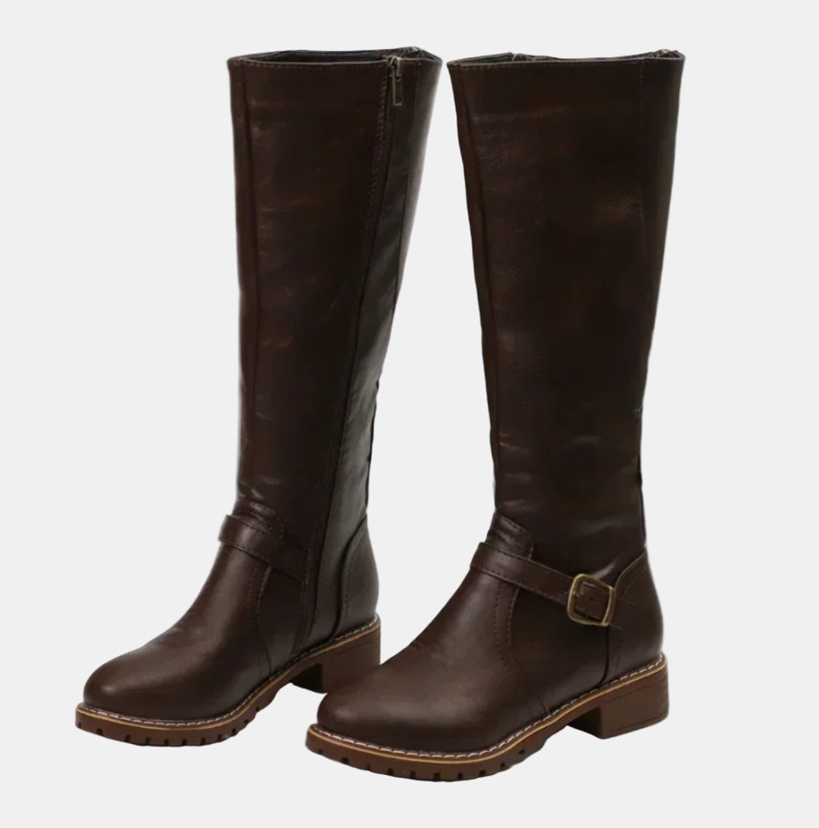 Charlotte - Women's Tall Riding Knee High Boots Buckle Strap Low Heel