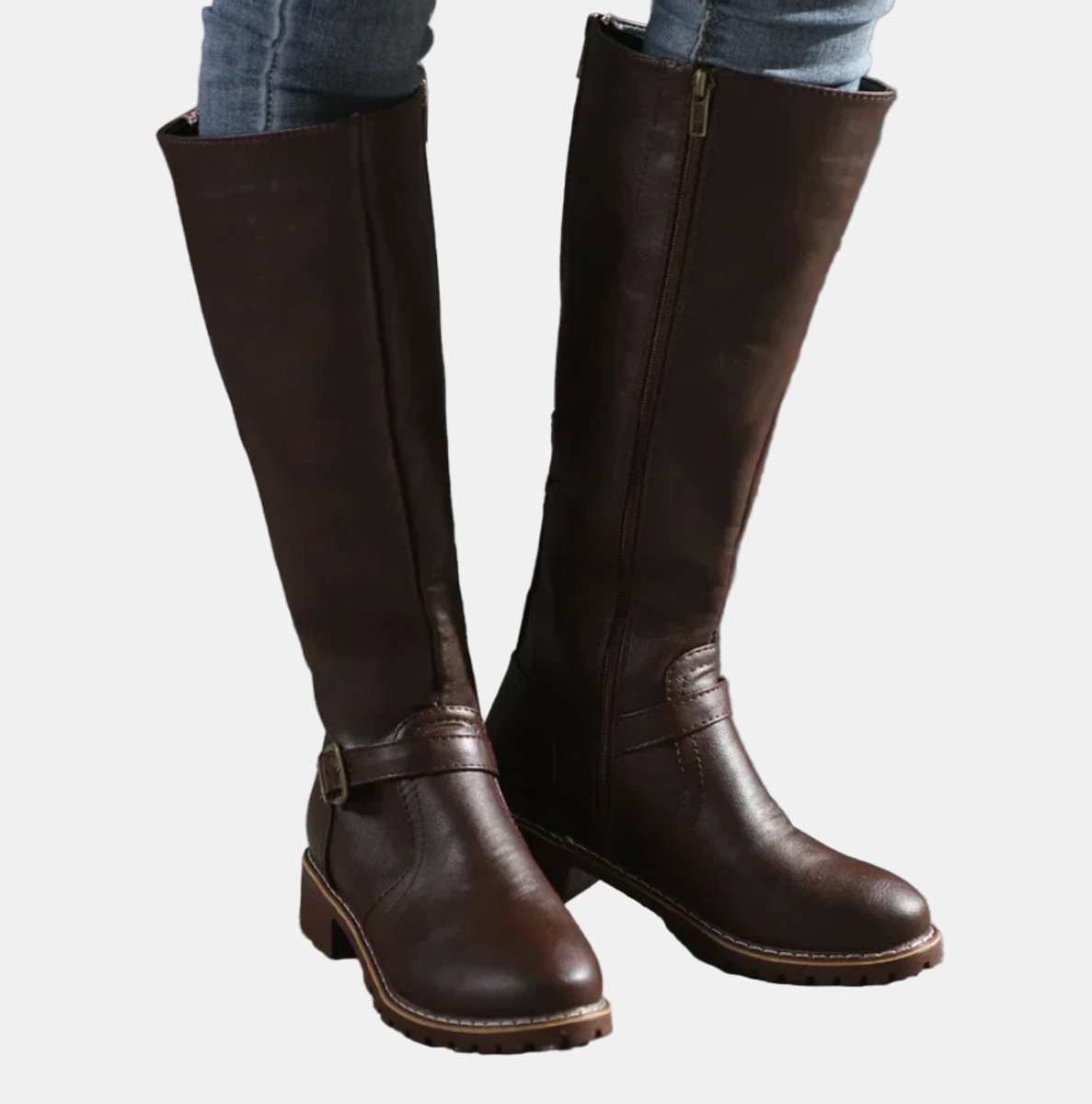 Charlotte - Women's Tall Riding Knee High Boots Buckle Strap Low Heel