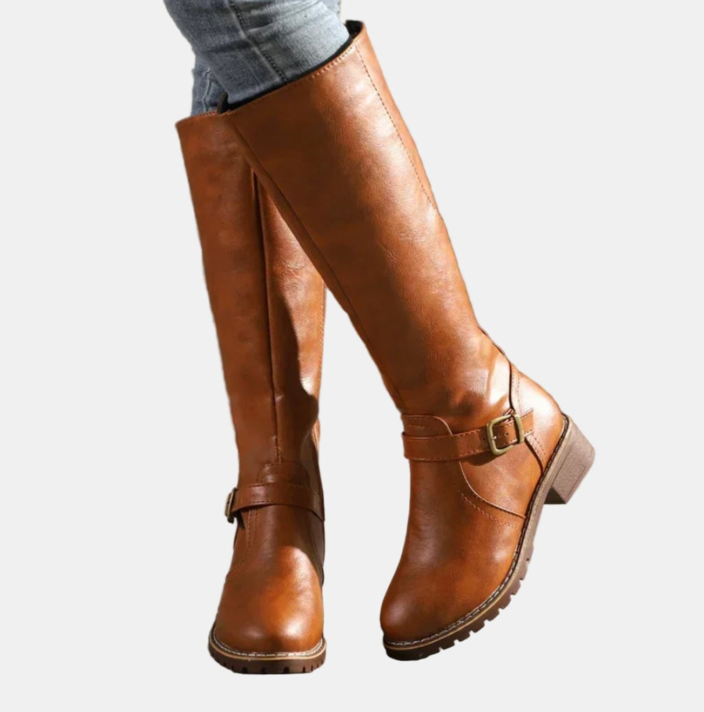 Charlotte - Women's Tall Riding Knee High Boots Buckle Strap Low Heel