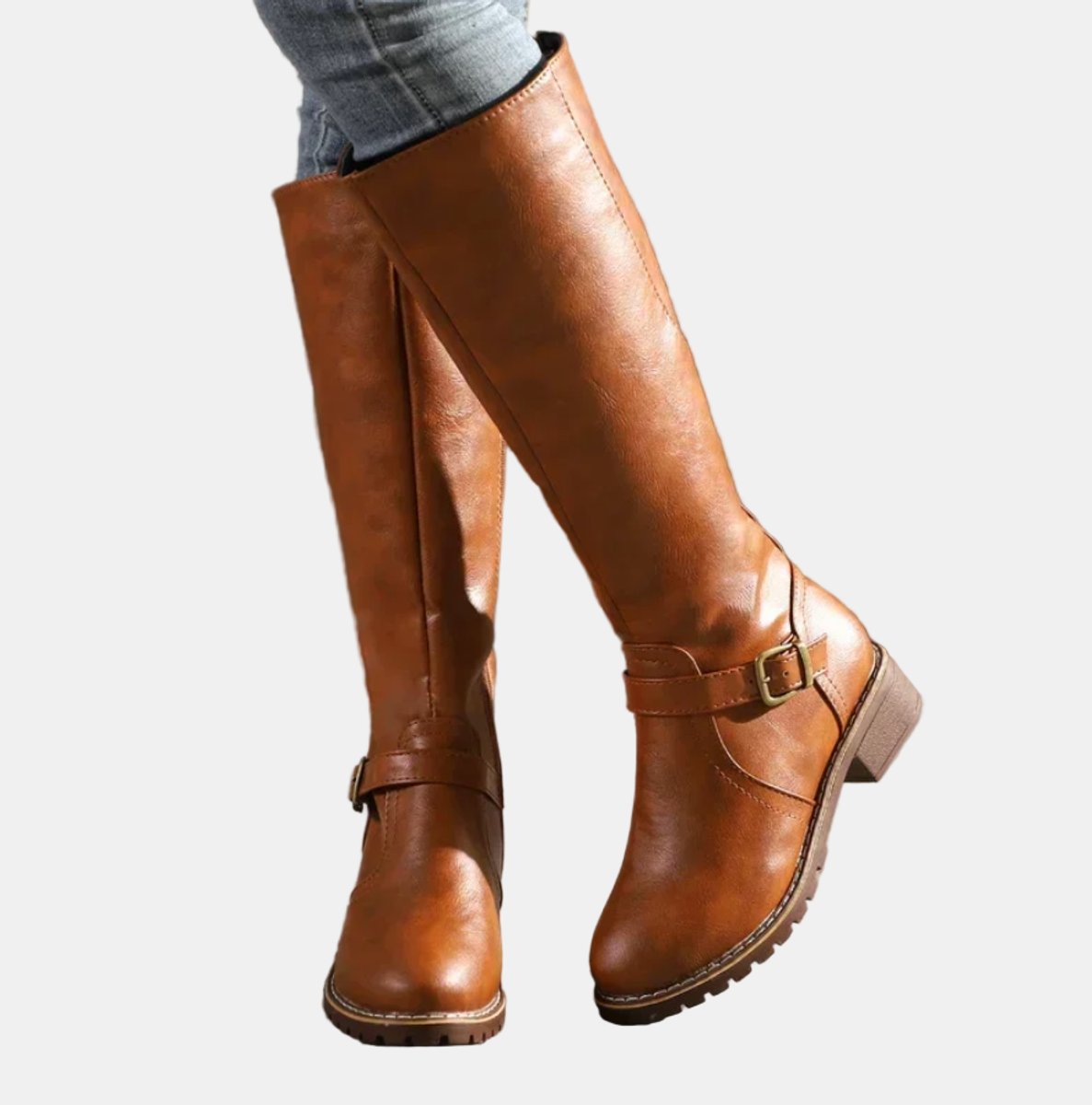 Charlotte - Women's Tall Riding Knee High Boots Buckle Strap Low Heel