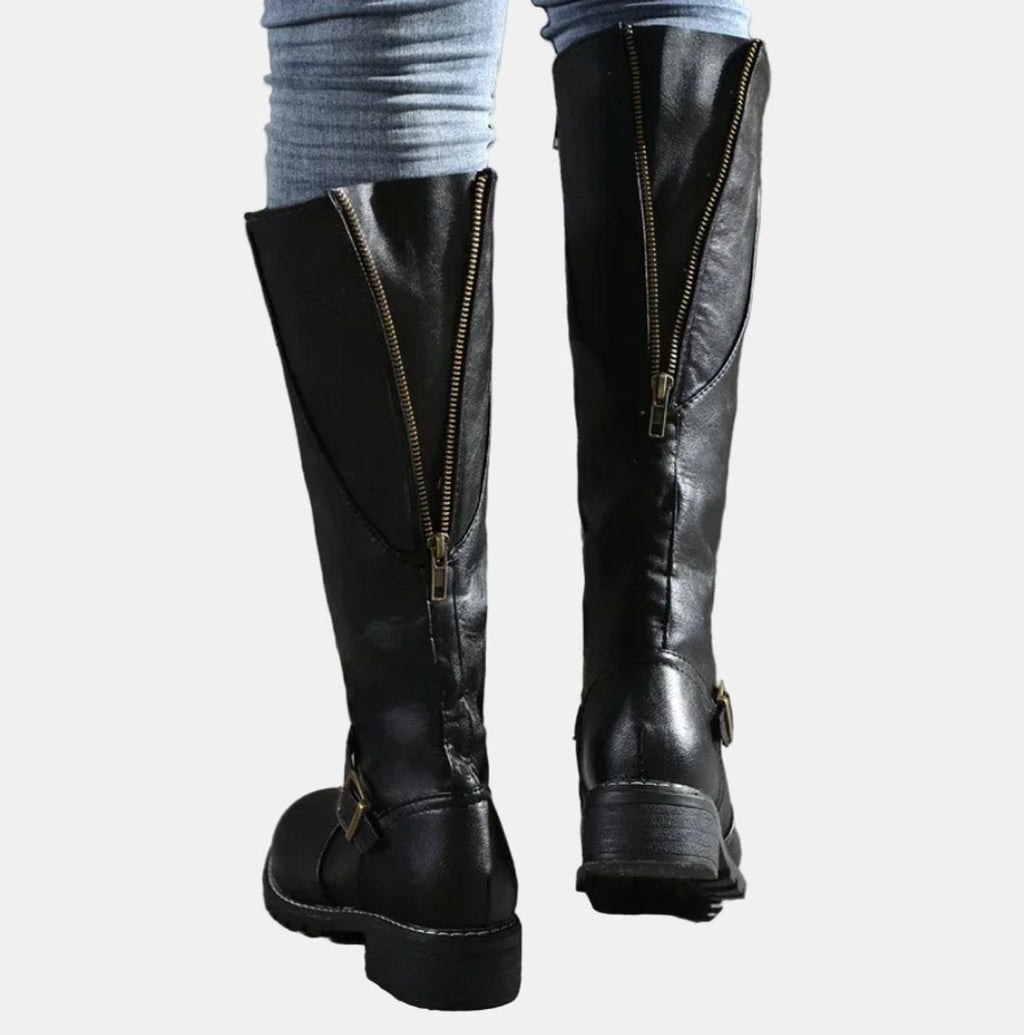 Charlotte - Women's Tall Riding Knee High Boots Buckle Strap Low Heel