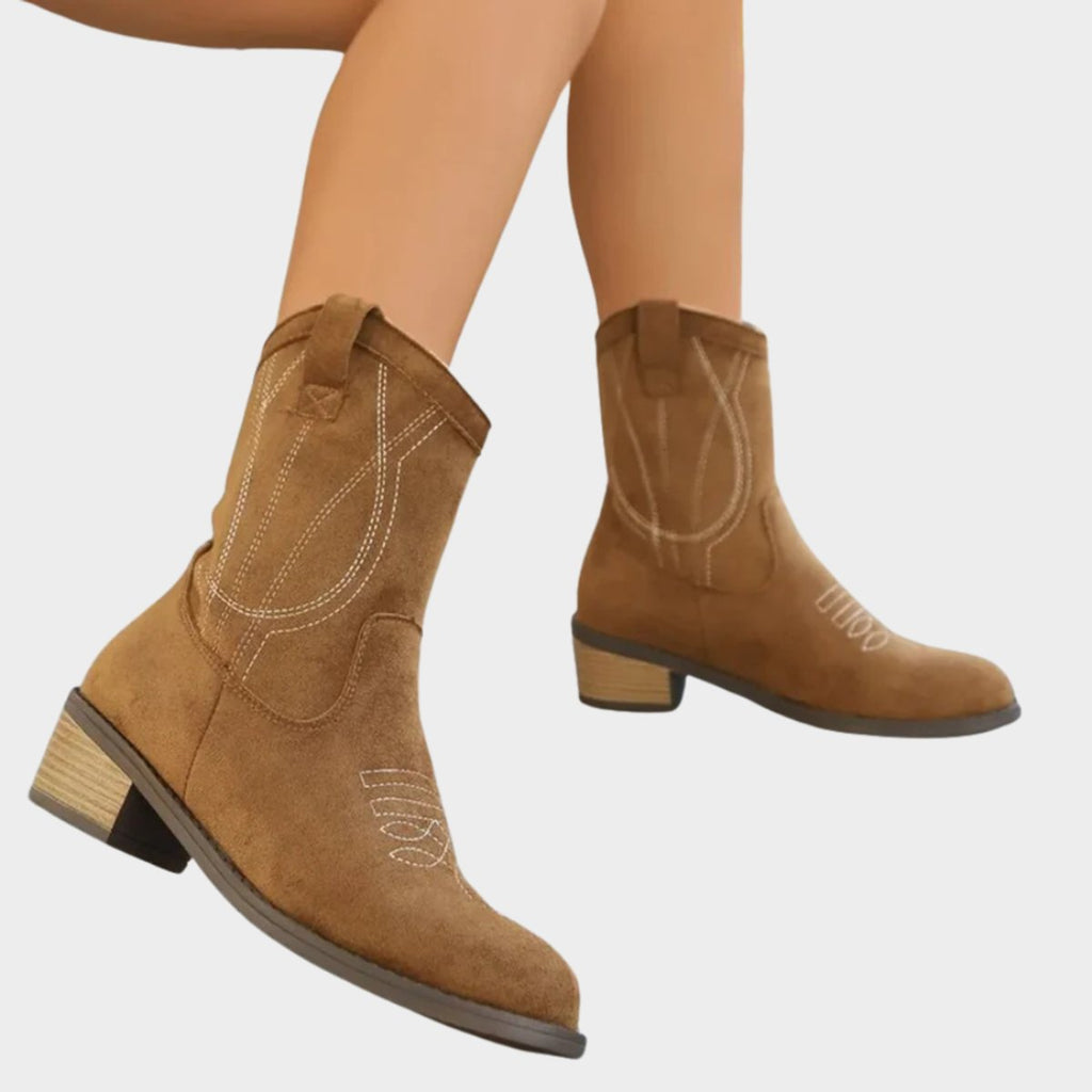 Madison - Women's Western Embroidered Suede Mid-Calf Ankle Boots