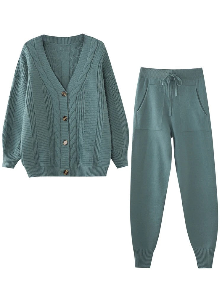Women's Cable Knit Button-Up Cardigan and Drawstring Jogger Trousers Set – Cosy Two-Piece Loungewear for Autumn and Winter