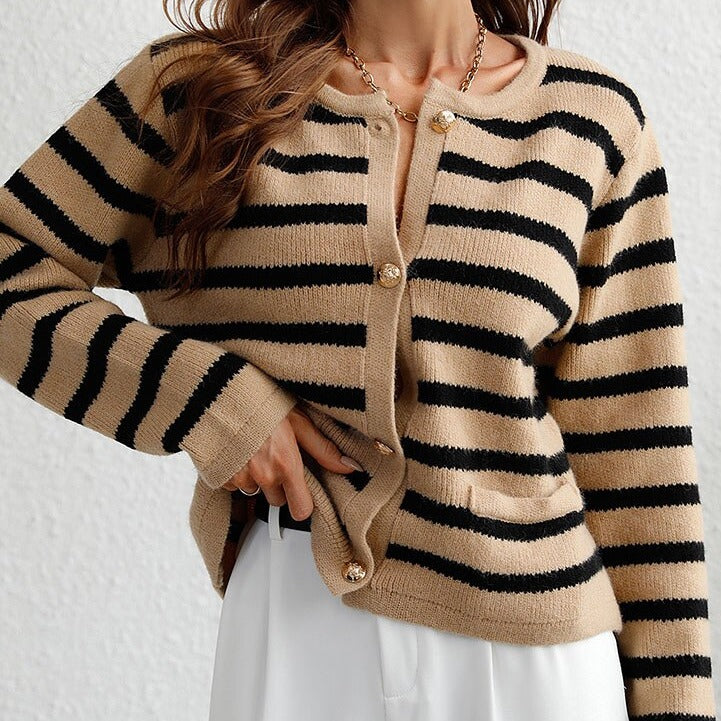 Women's Striped Knitted Button Front Cardigan – Relaxed Long Sleeve Round Neck Cardigan with Decorative Gold Buttons for Autumn and Winter Layering