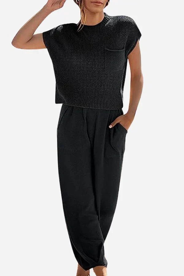 Women's Ribbed Knit Short-Sleeve Top and Wide-Leg Trousers Set – Relaxed Casual Co-Ord for Everyday Wear