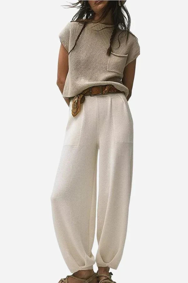Women's Ribbed Knit Short-Sleeve Top and Wide-Leg Trousers Set – Relaxed Casual Co-Ord for Everyday Wear