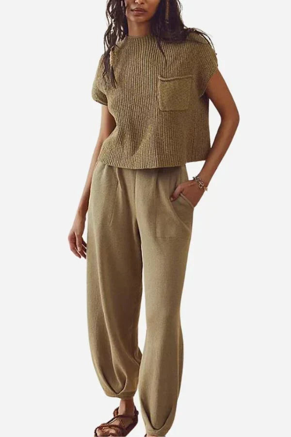 Women's Ribbed Knit Short-Sleeve Top and Wide-Leg Trousers Set – Relaxed Casual Co-Ord for Everyday Wear