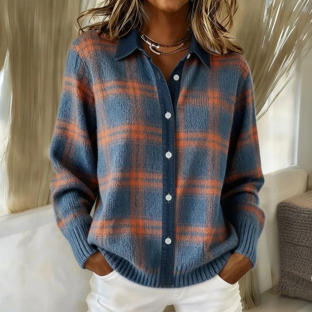 Women's Soft Plaid Knitted Cardigan with Button Front – Relaxed Long Sleeve Collared Cardigan with Ribbed Cuffs for Autumn and Winter Layering
