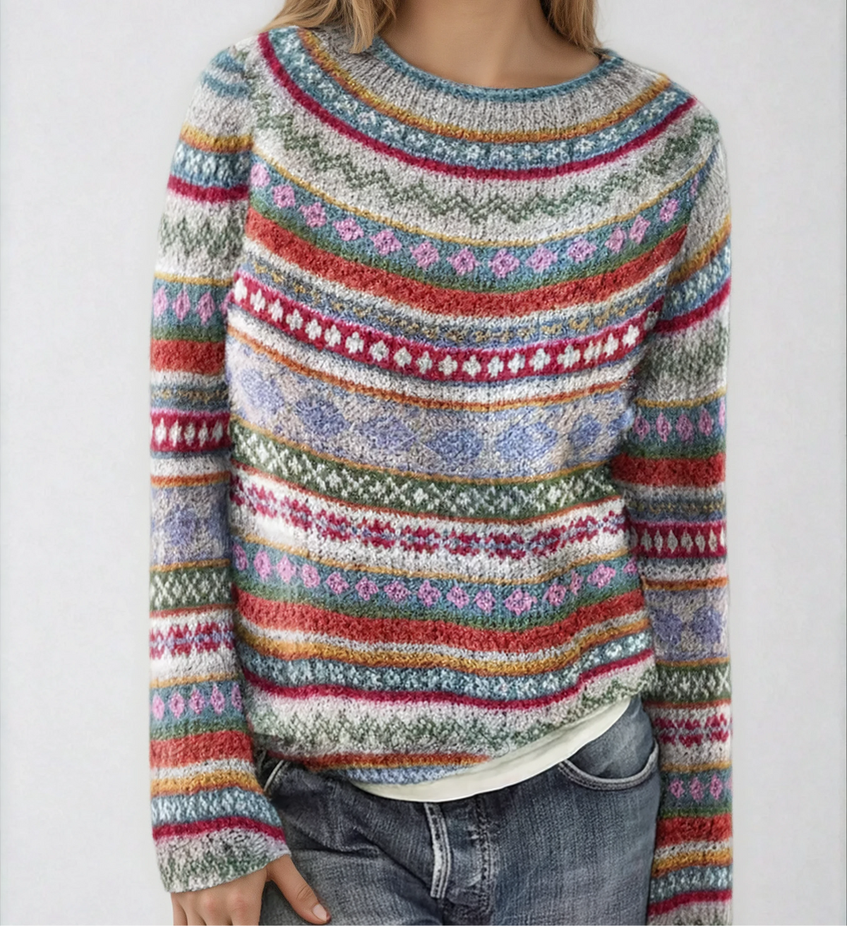 Women's Fair Isle Knitted Sweater – Relaxed Crew Neck Nordic Pattern Pullover for Autumn and Winter